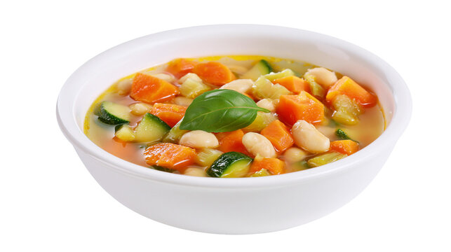 Hearty vegetable soup with carrots zucchini beans and basil, isolated on transparent background