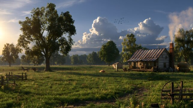 Rustic log cabin in a peaceful rural landscape
