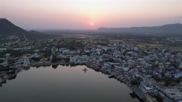 Aerial Sunset View of Pushkar Lake and Town in Rajasthan, India