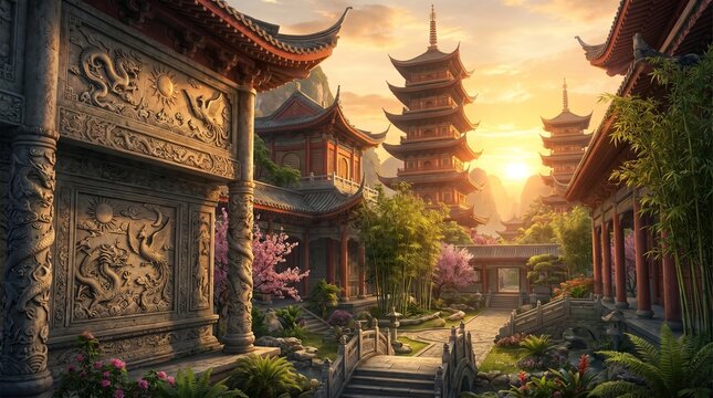 Ancient Asian stone temple complex featuring ornate carvings, traditional architecture, lush gardens, and a warm sunset framed by dramatic mountain scenery