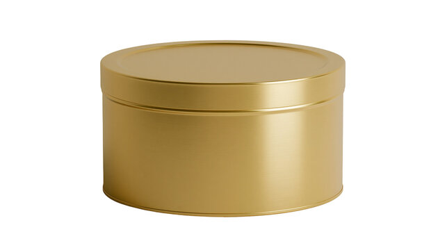 Shiny golden round metal tin container with lid, isolated on transparent background