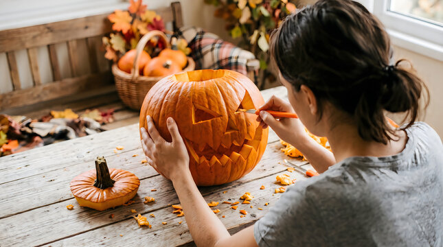 A young woman sitting at a wooden table carefully carving a festive jack o lantern for the upcoming halloween holiday