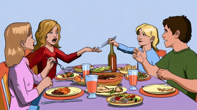 Family enjoying dinner, eating and sharing meal together
