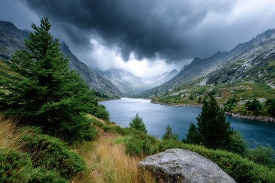 Mountain lake landscape under dramatic storm clouds