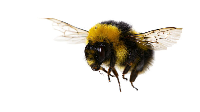 Fuzzy bumblebee with black stripes and transparent wings, isolated on transparent background