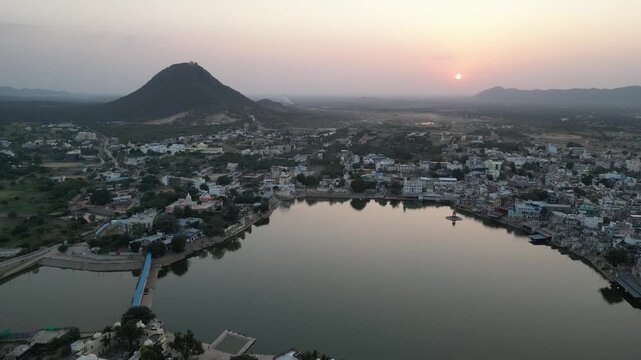 Aerial Sunset View of Pushkar Lake and Town in Rajasthan, India