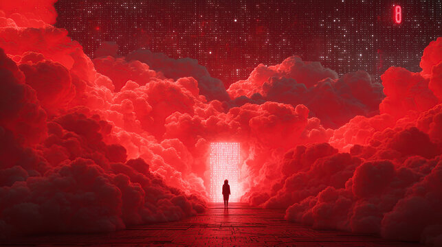A wide shot of red clouds with a glowing data portal and a small human silhouette. Concept for IT banner, web design, and cyber security advertising.