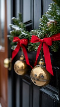 Front door decorated with festive christmas wreath and jingle bells