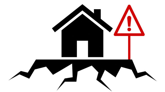 Black house icon on cracked ground with red warning sign, isolated on transparent background