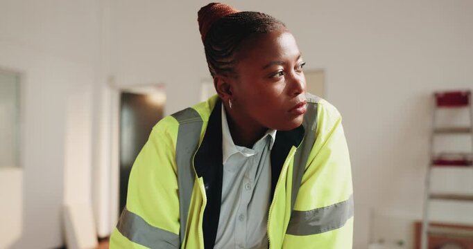 Woman, engineer and writing on document for construction, blueprint and sketch for architecture. Thinking, African person and drawing at site with paperwork, floor plan and layout for building design