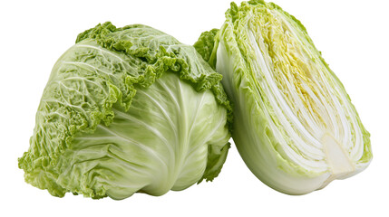 Fototapeta premium Fresh green cabbage one whole and one halved, isolated on transparent background