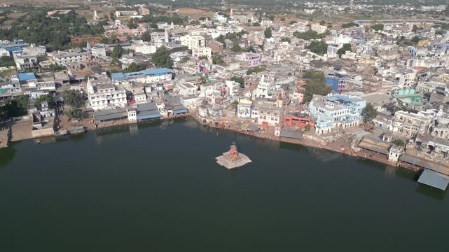 Aerial View of Pushkar Lake and Aravalli Hills in Rajasthan, India