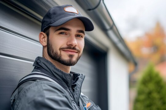 Handyman wearing uniform cap smiling outdoors