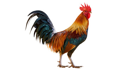 Colorful rooster with red comb and iridescent tail feathers, isolated on transparent background © Thomas