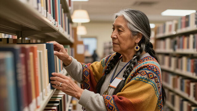 An elderly indigenous woman with grey hair braids browses through a library bookshelf. She wears a traditional colorful shawl while searching for knowledge in an archive