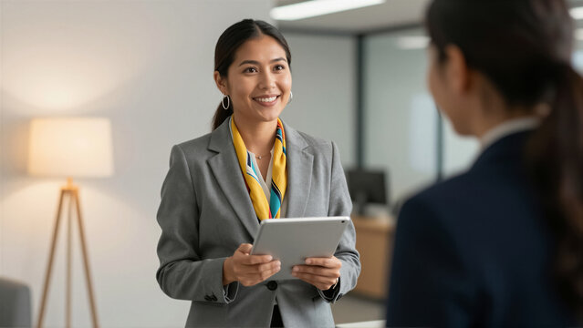 Professional Asian business woman wearing a grey suit and scarf holding a tablet. She is smiling and talking to a coworker in a bright modern office workspace