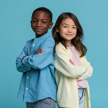 Confident diverse kids standing back to back with arms crossed against turquoise background for portrait banner and youth design