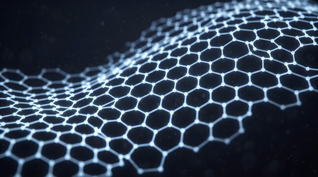 Futuristic graphene molecular structure, glowing blue hexagonal lattice wave, nanotechnology and carbon fiber science background