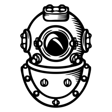 Logo club de submarinismo. Icono con dibujo sencillo de un casco de buceo antiguo. Equipo de buceo antiguo.