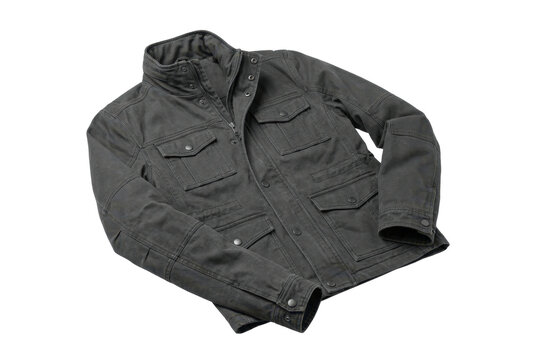 Charcoal gray field jacket with multiple pockets isolated on black