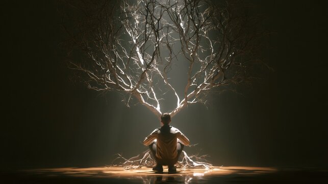 Person finding solace under leafless tree at night