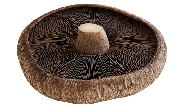 Large brown portobello mushroom cap with dark gills and thick stem, isolated on transparent background