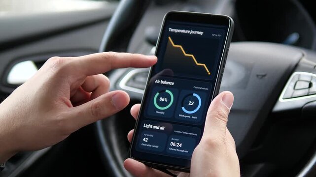 A driver reviews a mobile weather dashboard with rain timing, falling temperatures, humidity and air quality, capturing hyperlocal forecasting and climate-aware travel planning.