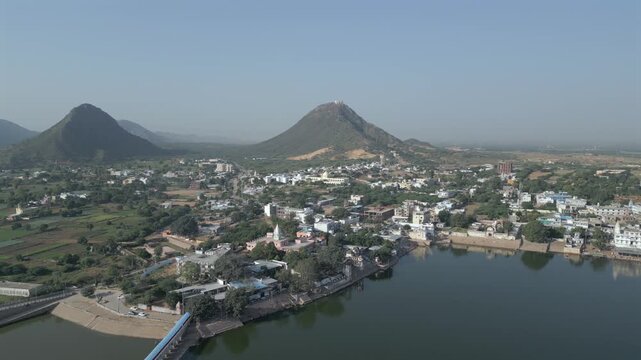 Aerial View of Pushkar Lake and Aravalli Hills in Rajasthan, India