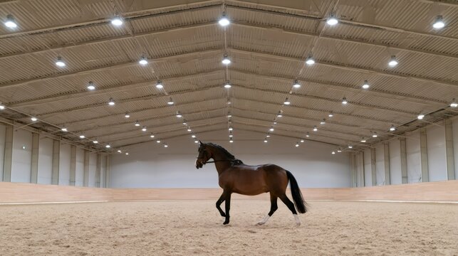 Horse training in an empty indoor riding arena
