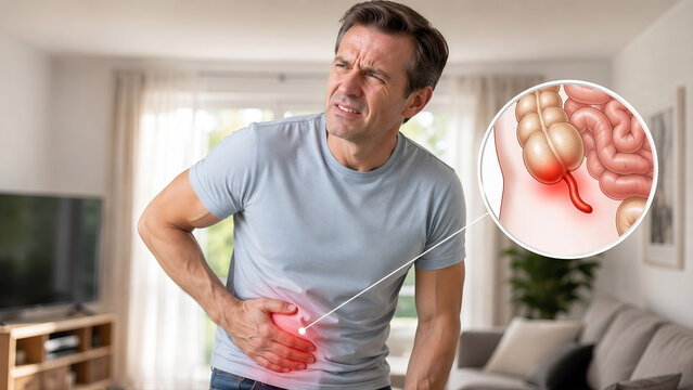 Man Suffering from Appendicitis with Appendix Anatomy Medical Illustration