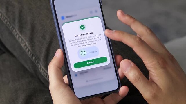 Mobile banking app showing a reassuring fraud resolution popup. User is guided to bring ID to a branch with a case number. Perfect for customer support, fraud resolution, and trust-building