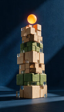 Vertical photo of a complex tower made of wooden, cardboard, and glass blocks topped with a glowing orange sphere. Physical metaphor for a fragile technology stack