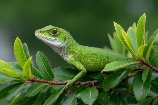 Green lizard camouflaging on lush tree branch