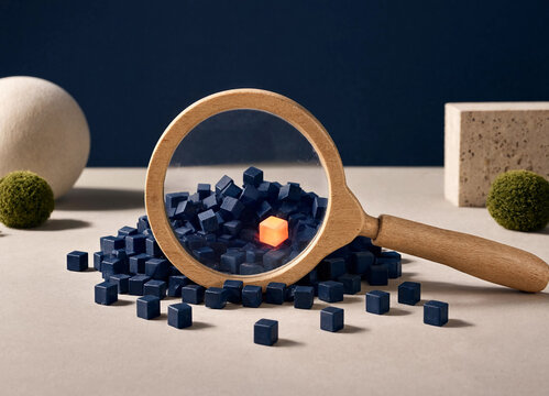 Wooden magnifying glass focusing on a glowing orange cube among dark blue cubes. Physical metaphor for data mining and finding unique technological solutions. Concept of search and discovery