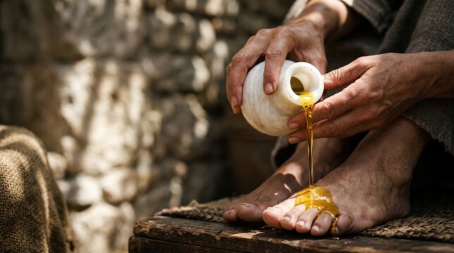 Woman pouring oil on foot to anoint them. Biblical scene depicting devotion and service to Jesus Christ. Historical re-enactment of an ancient ritual. Religious and spiritual concept.