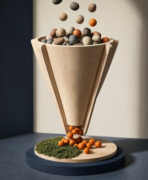 Wooden funnel transforming mixed stones into uniform orange spheres. Physical metaphor for data refinement and technological processing