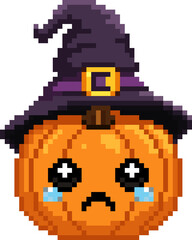 Fototapeta premium Pixel Art Crying Halloween Pumpkin, 8 Bit Pixel Sad Jack O Lantern Sprite, Retro Pixel Art Cute Pumpkin Character, Emotional Halloween Game Asset