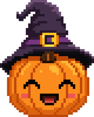 Fototapeta premium Pixel Art Happy Halloween Pumpkin, 8 Bit Pixel Smiling Jack O Lantern Sprite, Retro Pixel Art Cute Pumpkin Face, Halloween Game Asset Illustration
