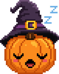 Fototapeta premium Pixel Art Sleeping Halloween Pumpkin, 8 Bit Pixel Sleepy Jack O Lantern Sprite, Retro Pixel Art Cute Pumpkin Character, Dreaming Halloween Game Asset