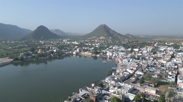 Aerial View of Pushkar Lake and Aravalli Hills in Rajasthan, India