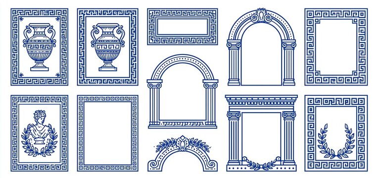 Greek-inspired decorative frames with geometric designs, vase imagery, classical statues, arches, and laurel details in blue and white.