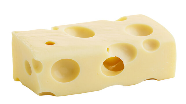 Piece of Swiss cheese with large holes, isolated on transparent background