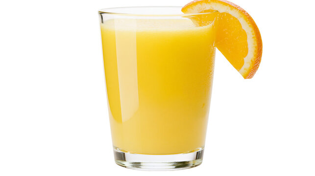 Tall glass of fresh orange juice with a citrus slice garnish, isolated on transparent background