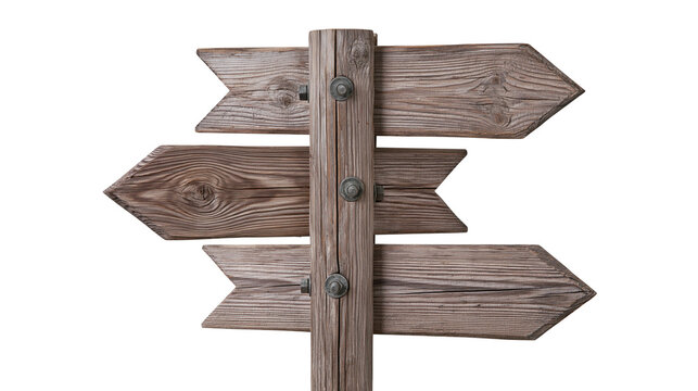 Rustic wooden directional signpost with three arrow-shaped signs, isolated on transparent background