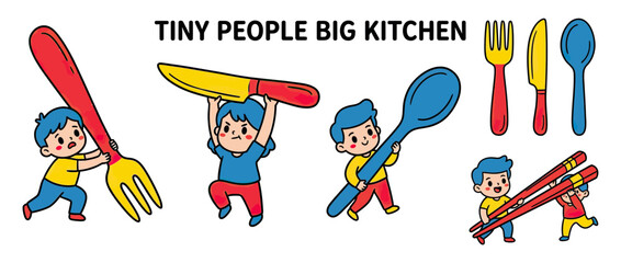 Cute cartoon children with oversized cutlery and utensils