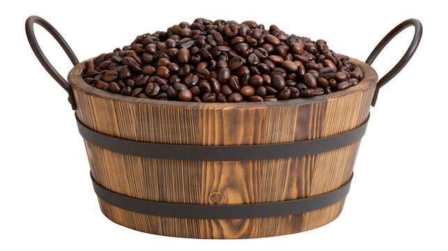 Rustic wooden bucket overflowing with roasted coffee beans, isolated on transparent background