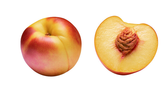 Whole and halved nectarine with rough brown pit, isolated on transparent background