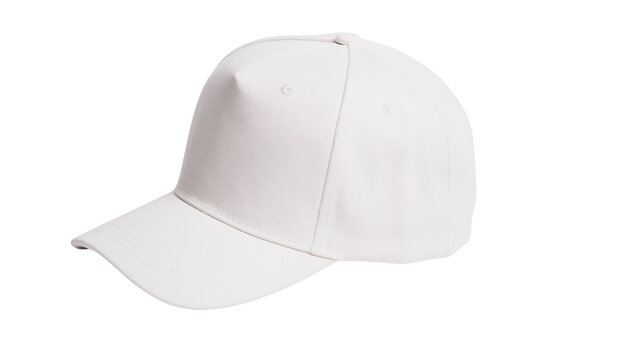 Plain white baseball cap with curved brim, isolated on transparent background
