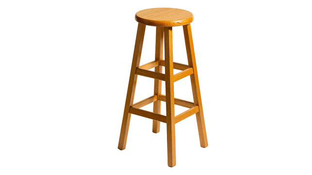 Simple wooden bar stool with round seat and four legs, isolated on transparent background