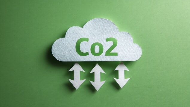 Conceptual carbon dioxide emission balancing with paper cloud and bidirectional arrows on green surface emissions environment exchange sustainability pollution protection atmosphere
